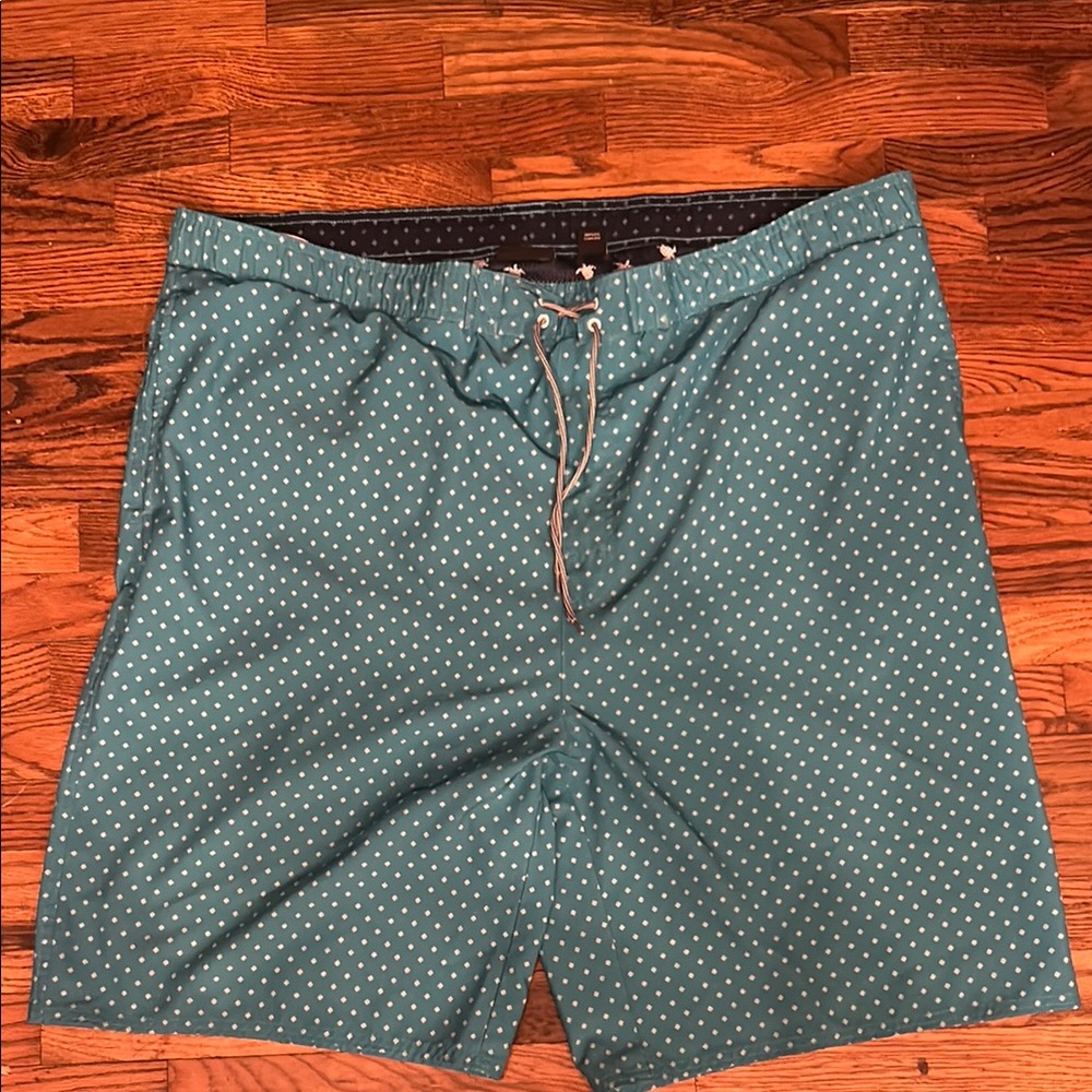 Blue and White Swim Trunks with Mid-Thigh Length and Drawstring